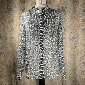 White House Black Market Black and White Sheer Floral Ruffled Blouse - Size XS